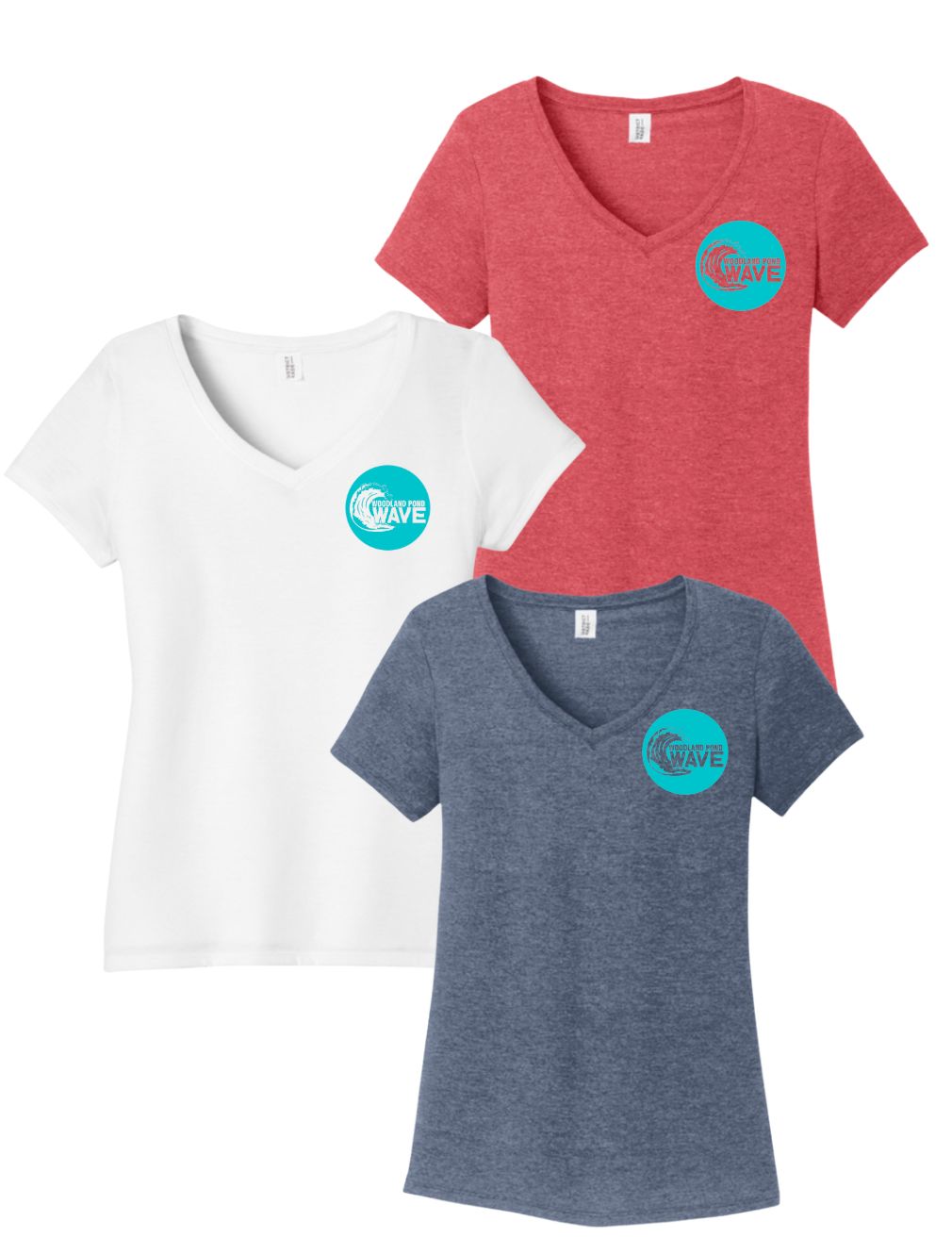 Woodland Pond Wave Ladies V-Neck Tee - White, Navy Frost or Red Frost - Turquoise Team Logo - Adult