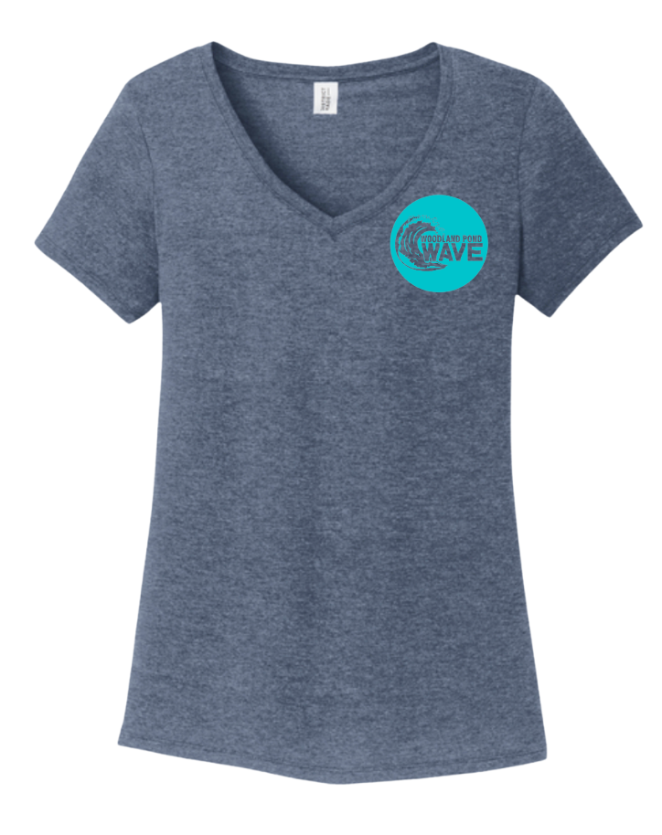 Woodland Pond Wave Ladies V-Neck Tee - White, Navy Frost or Red Frost - Turquoise Team Logo - Adult