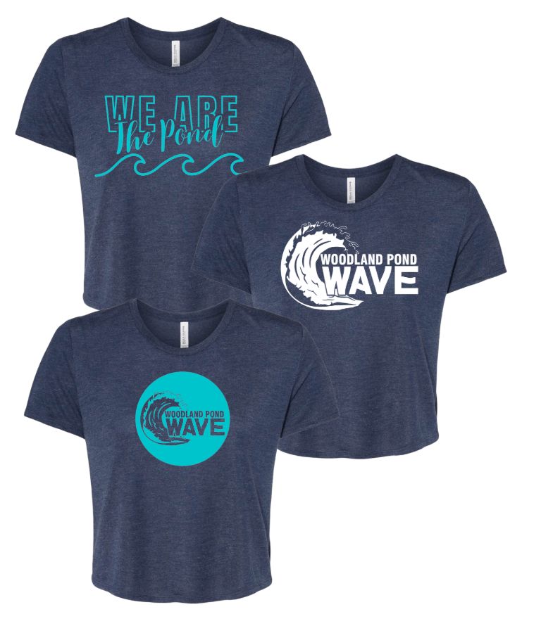 Woodland Pond Wave Ladies Flowy Crop Tee - Heather Navy - 3 Designs- Adult