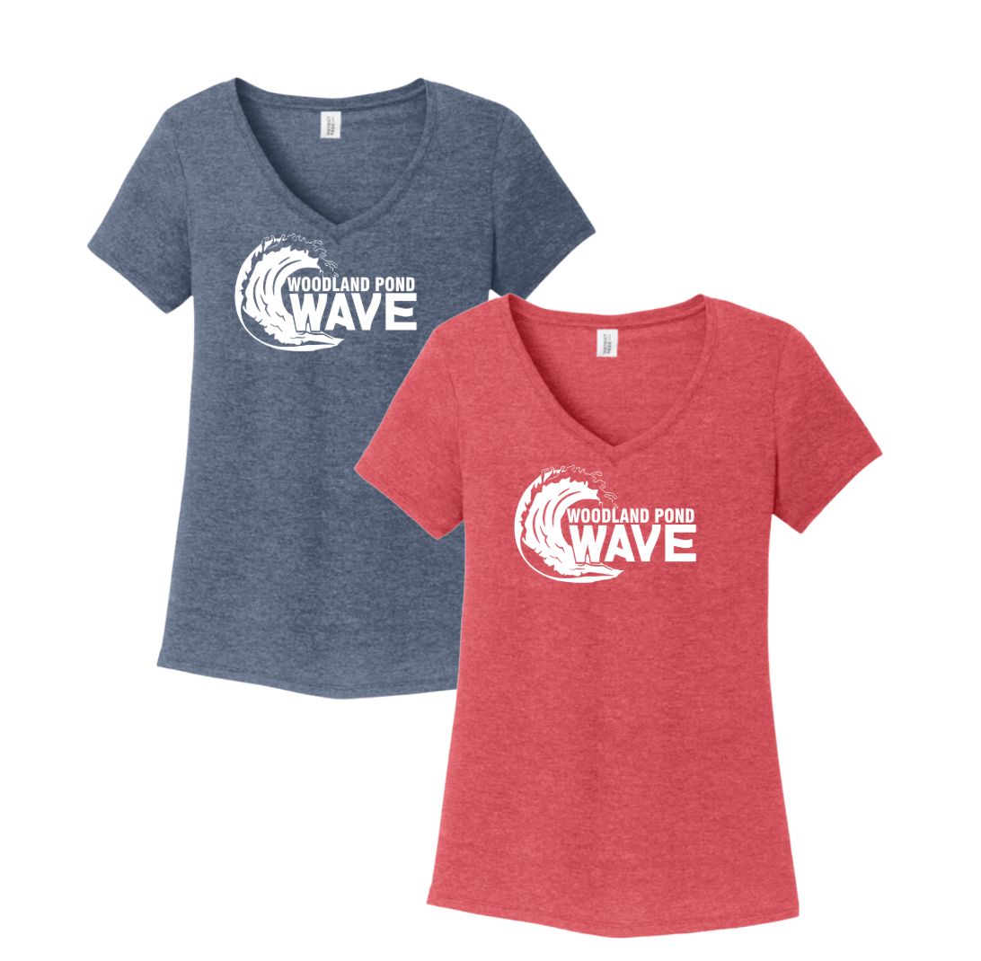 Woodland Pond Wave Ladies V-Neck Tee - Navy Frost or Red Frost - White Team Logo - Adult
