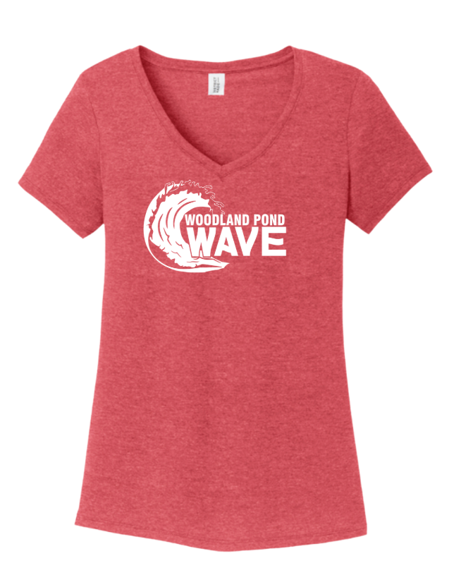 Woodland Pond Wave Ladies V-Neck Tee - Navy Frost or Red Frost - White Team Logo - Adult