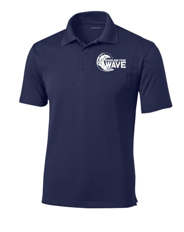 Woodland Pond Wave Embroidered Mens Moisture Wick Polo - Navy Woodland Pond Wave Embroidered Mens Moisture Wick Polo - Navy