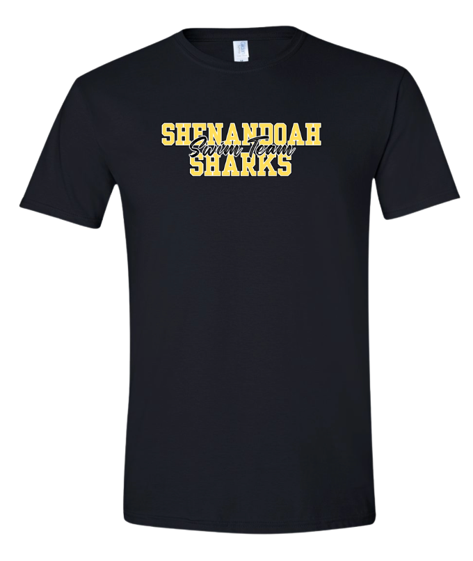 Shenandoah Sharks Team T-Shirt - Yellow, White, Black or Sport Grey - Youth & Adult Sizes - Collegiate LOGO
