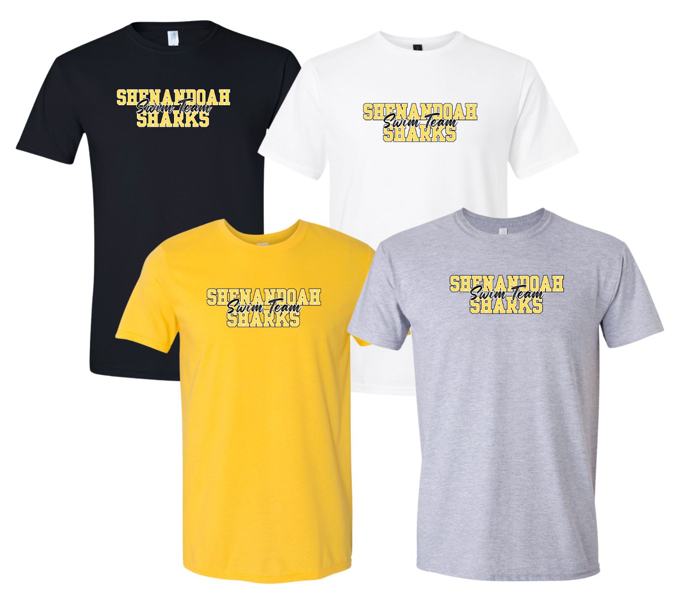 Shenandoah Sharks Team T-Shirt - Yellow, White, Black or Sport Grey - Youth & Adult Sizes - Collegiate LOGO