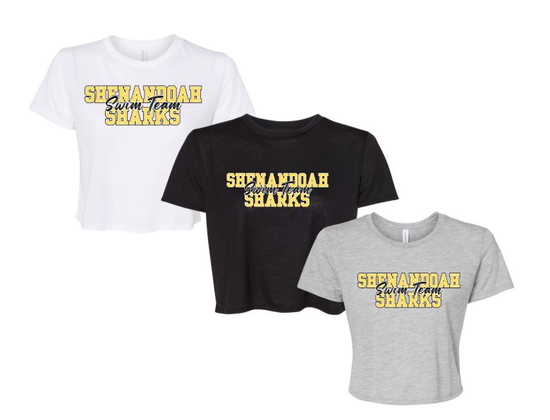 Shenandoah Sharks Ladies Flowy Crop Tee - White, Black or Athletic Heather - COLLEGIAGTE Logo