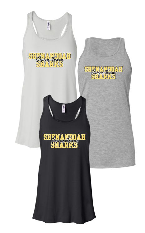 Shenandoah Sharks Ladies Flowy Racerback Tank - White, Black or Athletic Heather - Adult - COLLEGIATE Logo