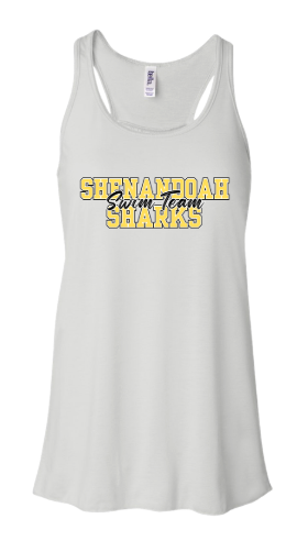 Shenandoah Sharks Ladies Flowy Racerback Tank - White, Black or Athletic Heather - Adult - COLLEGIATE Logo