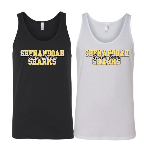 Shenandoah Sharks Team Unisex Jersey Tank Top - Black or White - Youth & Adult Sizes - COLLEGIATE Logo