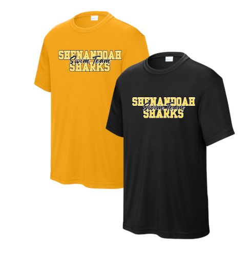 Shenandoah Sharks Team Moisture Wick Tee - Gold or Black  - YOUTH - COLLEGIATE Logo