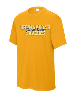 Shenandoah Sharks Team Moisture Wick Tee - Gold or Black  - YOUTH - COLLEGIATE Logo