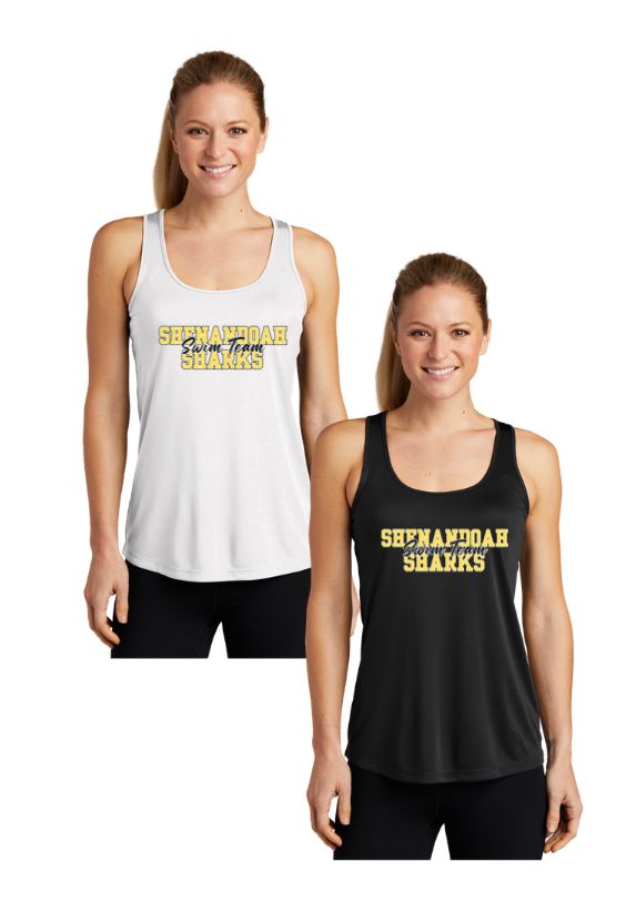Shenandoah Sharks Ladies Moisture Wicking Racerback Tank Top - White or Black - Adult - COLLEGIATE Logo Shenandoah Sharks Ladies Moisture Wicking Racerback Tank Top - White or Black - Adult - COLLEGIATE Logo