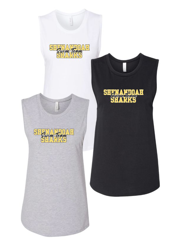 Shenandoah Sharks Ladies Muscle Tank Top - White, Black or Athletic Heather - Adult - COLLEGIATE Logo Shenandoah Sharks Ladies Muscle Tank Top - White, Black or Athletic Heather - Adult - COLLEGIATE Logo