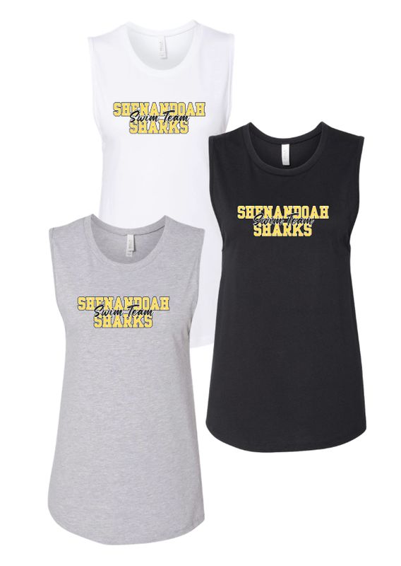 Shenandoah Sharks Ladies Muscle Tank Top - White, Black or Athletic Heather - Adult - COLLEGIATE Logo