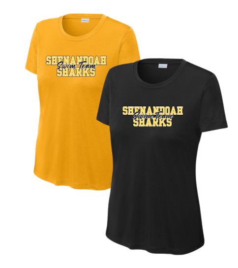 Shenandoah Sharks Ladies Moisture Wick Tee - Gold or Black - Adult - COLLEGIATE Logo