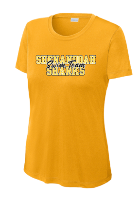 Shenandoah Sharks Ladies Moisture Wick Tee - Gold or Black - Adult - COLLEGIATE Logo