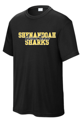 Shenandoah Sharks Mens Moisture Wick Tee - Black or Gold - Adult - COLLEGIATE Logo