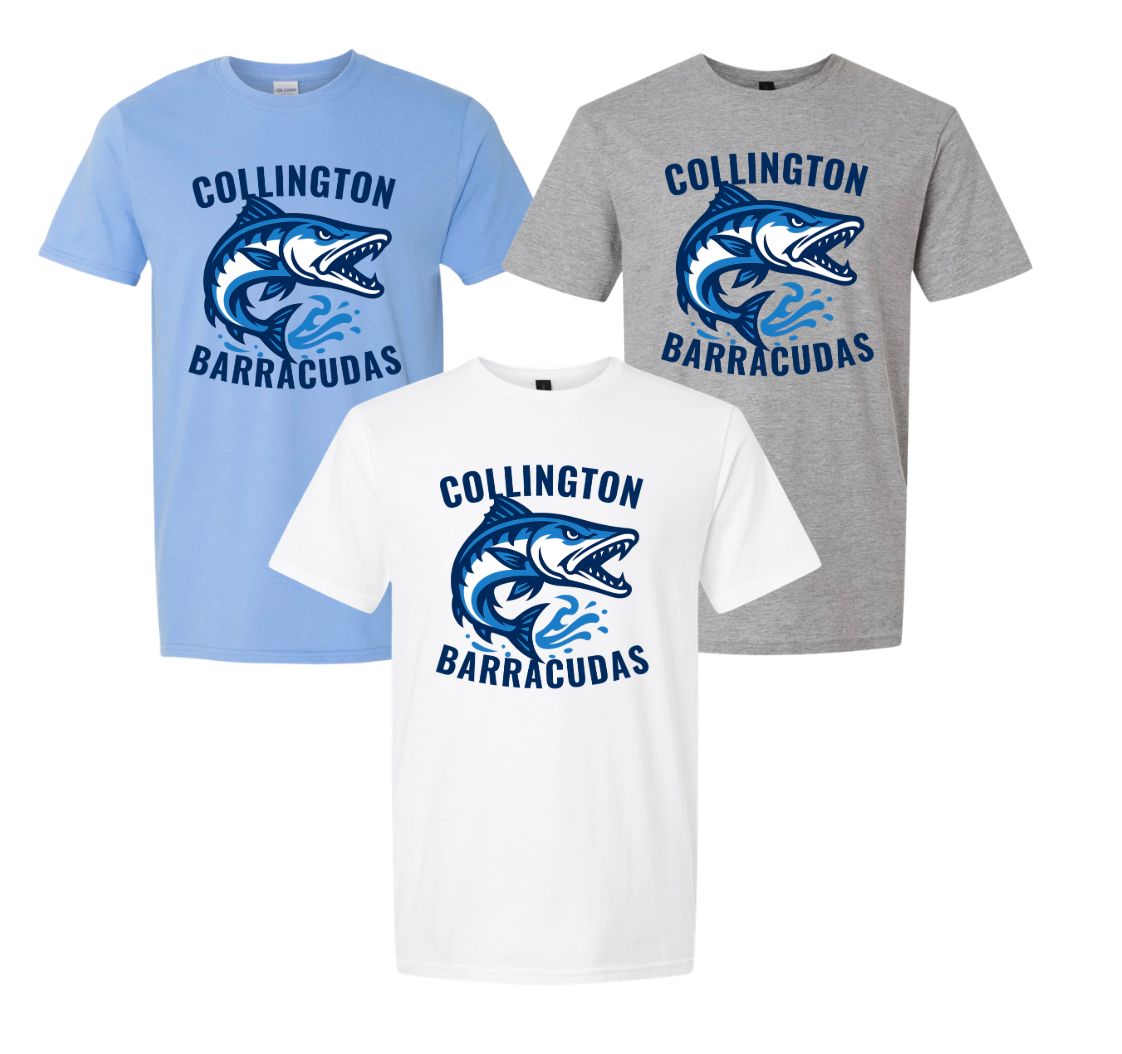 Collington Barracudas TEAM Logo T-Shirt - White, Sport Grey or Carolina Blue - Youth & Adult Sizes Collington Barracudas TEAM Logo T-Shirt - White, Sport Grey or Carolina Blue - Youth & Adult Sizes