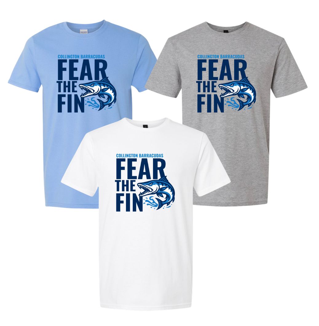 Collington Barracudas FEAT the FIN Logo T-Shirt - White, Sport Grey or Carolina Blue - Youth & Adult Sizes