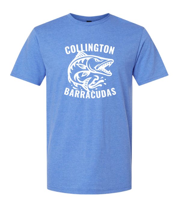 Collington Barracudas TEAM Logo in WHITE T-Shirt - Navy, Royal, Heather Royal or Carolina Blue - Youth & Adult Sizes