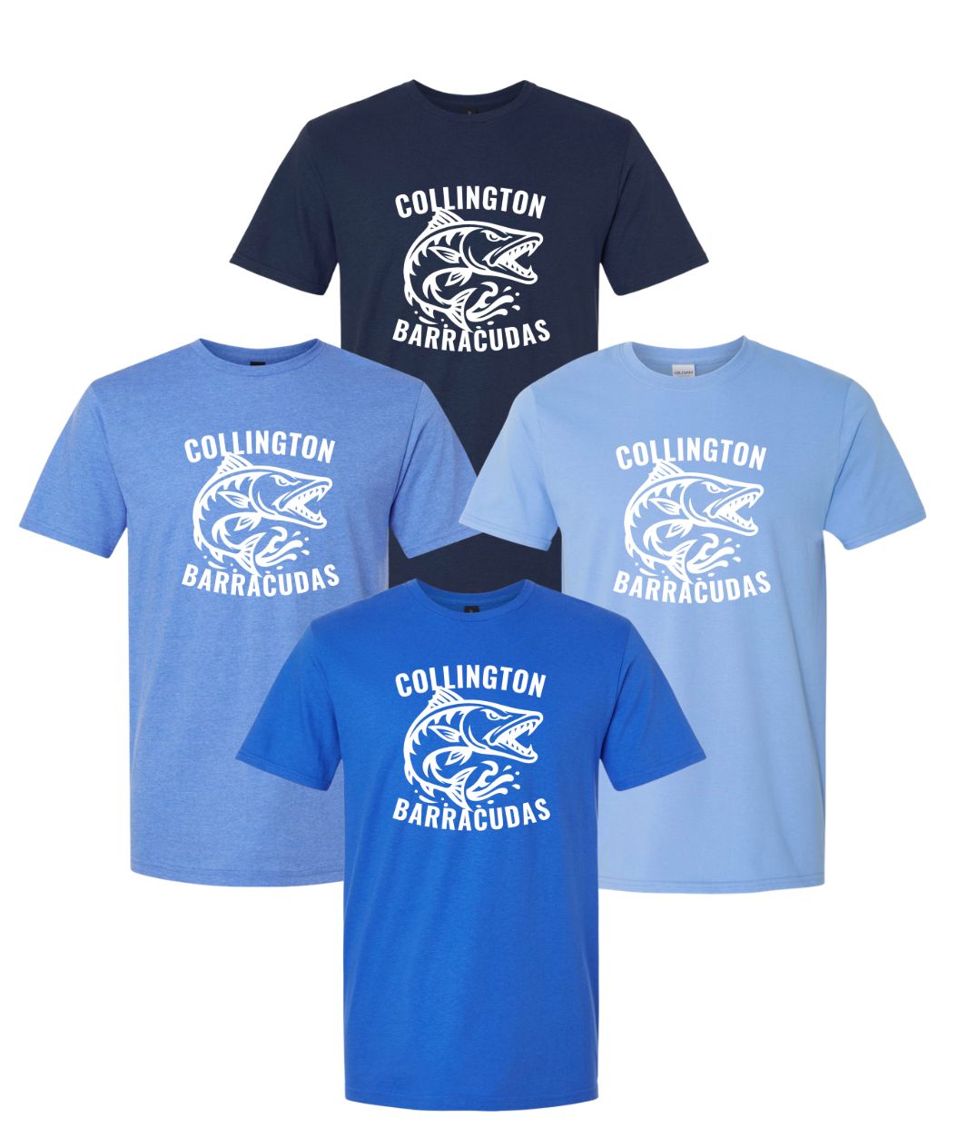 Collington Barracudas TEAM Logo in WHITE T-Shirt - Navy, Royal, Heather Royal or Carolina Blue - Youth & Adult Sizes