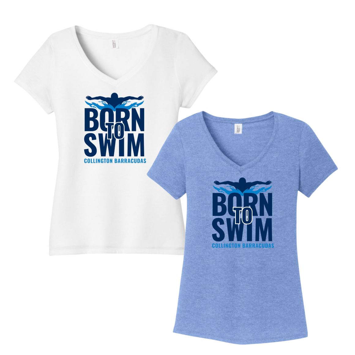 Collington Barracudas Ladies V-Neck Tee - BORN to SWIM Logo- White or Maritime Blue - Adult Collington Barracudas Ladies V-Neck Tee - BORN to SWIM Logo- White or Maritime Blue - Adult