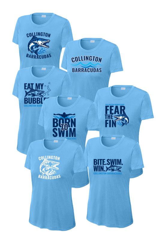 Collington Barracudas LADIES Moisture Wick Tee - Carolina Blue - 7 Design Options - Adult Collington Barracudas LADIES Moisture Wick Tee - Carolina Blue - 7 Design Options - Adult