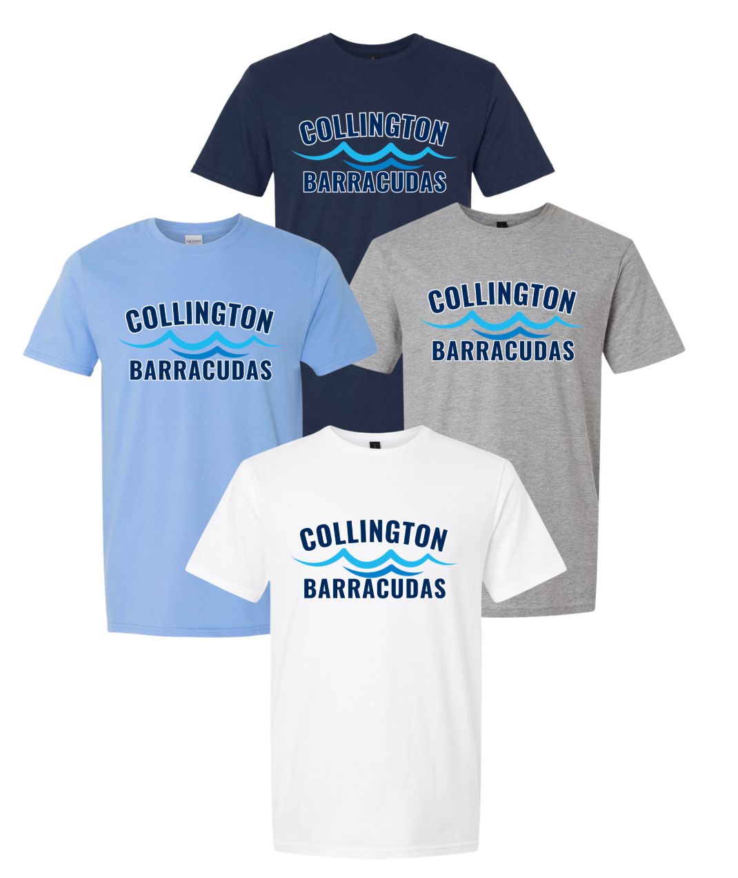 Collington Barracudas WAVES Logo T-Shirt - White, Sport Grey, Navy or Carolina Blue - Youth & Adult Sizes