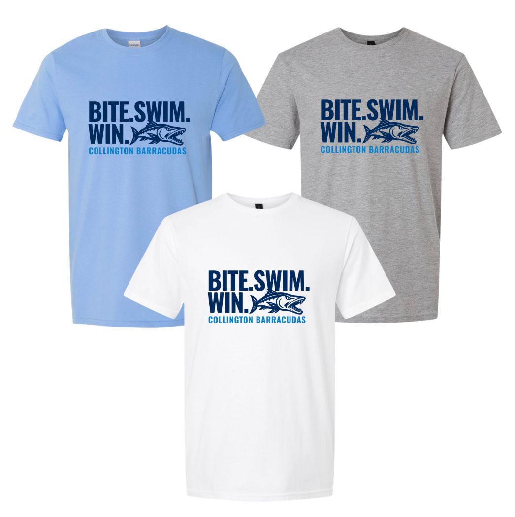 Collington Barracudas BITE SWIM WIN Logo T-Shirt - White, Sport Grey or Carolina Blue - Youth & Adult Sizes