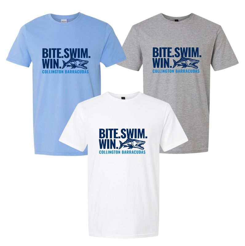 Collington Barracudas BITE SWIM WIN Logo T-Shirt - White, Sport Grey or Carolina Blue - Youth & Adult Sizes
