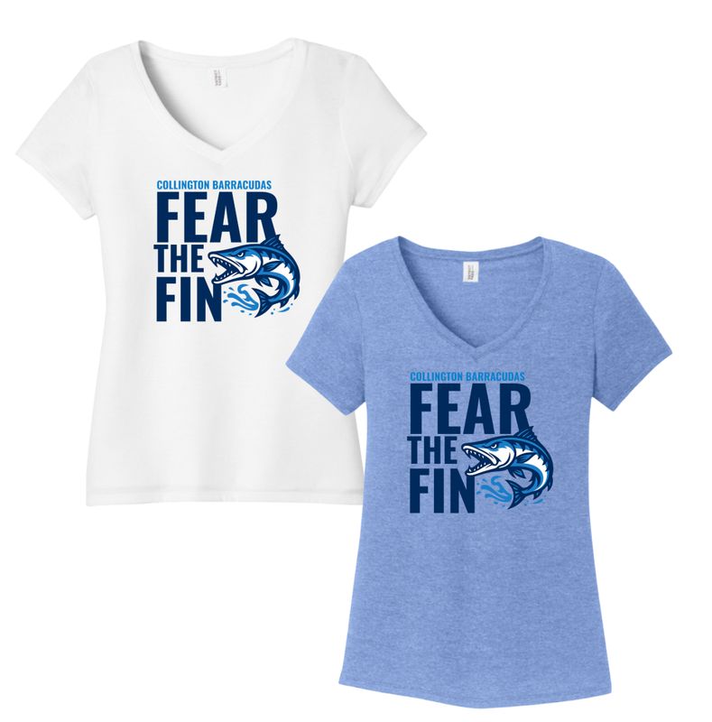 Collington Barracudas Ladies V-Neck Tee - FEAR the FIN Logo- White or Maritime Blue - Adult Collington Barracudas Ladies V-Neck Tee - FEAR the FIN Logo- White or Maritime Blue - Adult