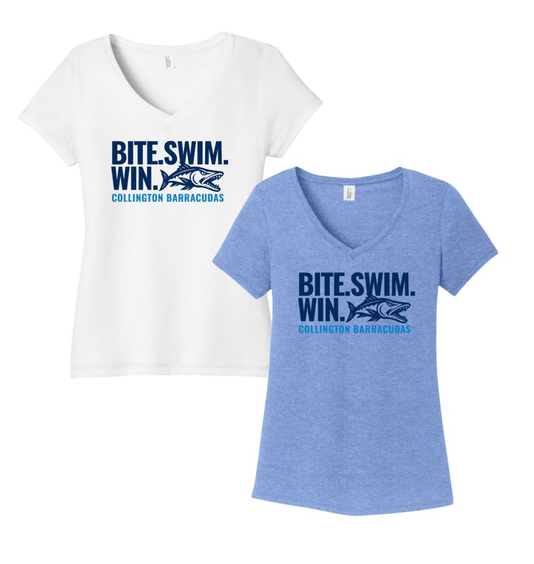 Collington Barracudas Ladies V-Neck Tee - BITE SWIM WIN Logo- White or Maritime Blue - Adult Collington Barracudas Ladies V-Neck Tee - BITE SWIM WIN Logo- White or Maritime Blue - Adult
