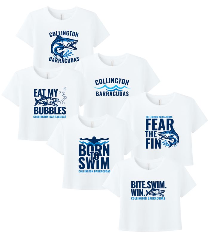 Collington Barracudas Ladies Flowy Cropped Tee - White - 6 Design Options - Adult Collington Barracudas Ladies Flowy Cropped Tee - White - 6 Design Options - Adult