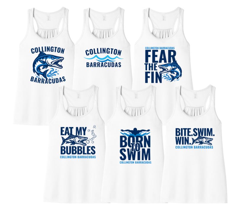 Collington Barracudas Girls & Ladies Flowy Racerback Tank - White - 6 Design Options - YOUTH & ADULT Sizing Collington Barracudas Girls & Ladies Flowy Racerback Tank - White - 6 Design Options - YOUTH & ADULT Sizing