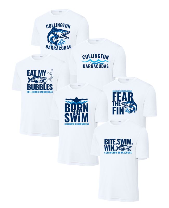 Collington Barracudas MENS Moisture Wick Tee -White - 6 Design Options - Adult Collington Barracudas MENS Moisture Wick Tee -White - 6 Design Options - Adult