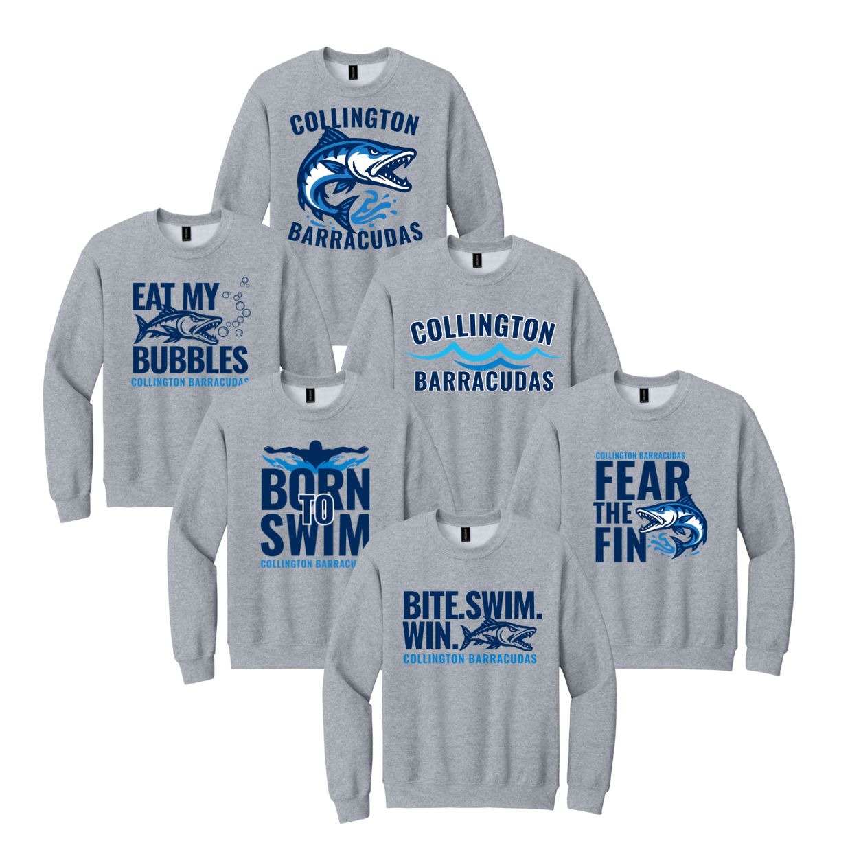 Collington Barracudas Crew Sweatshirt - Sport Grey - 6 Design Options - Youth & Adult Sizes Collington Barracudas Crew Sweatshirt - Sport Grey - 6 Design Options - Youth & Adult Sizes