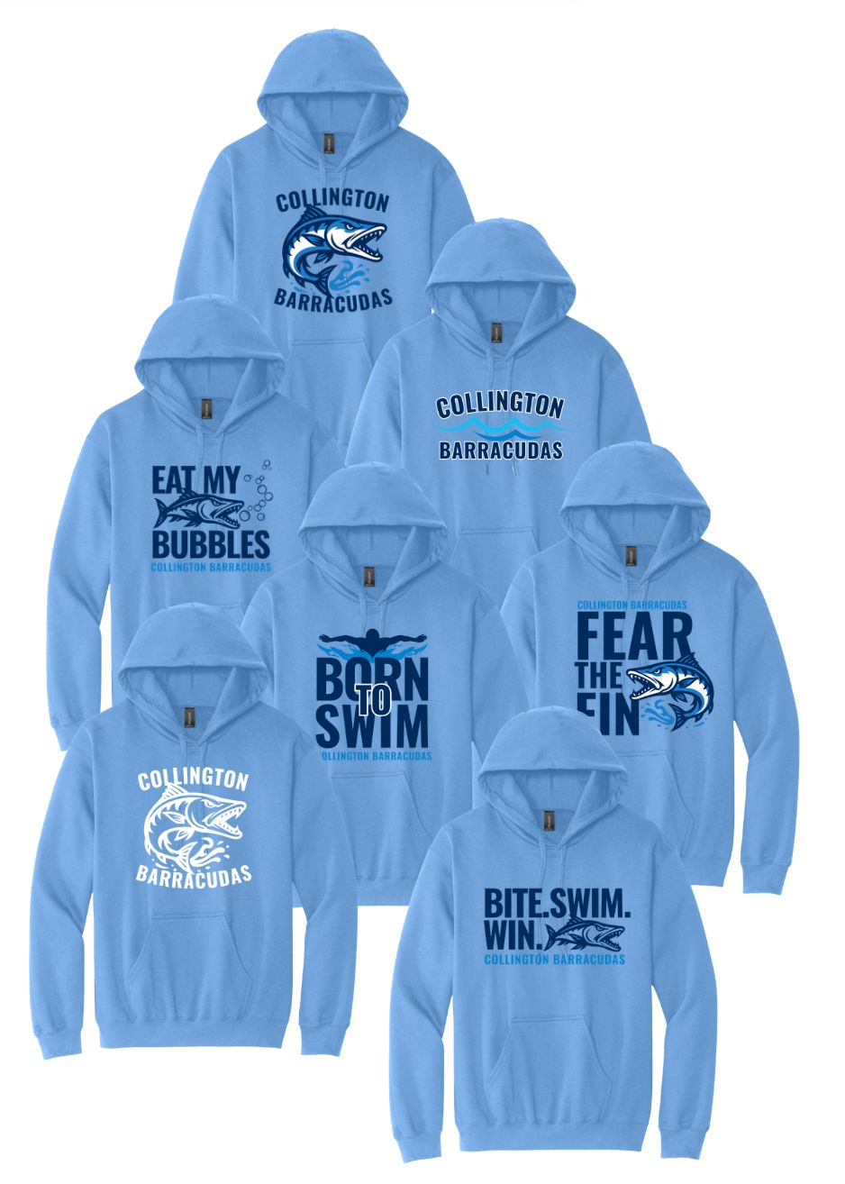 Collington Barracudas Hoodie Sweatshirt - Carolina Blue- 7 Design Options - Adult Sizes Collington Barracudas Hoodie Sweatshirt - Carolina Blue- 7 Design Options - Adult Sizes