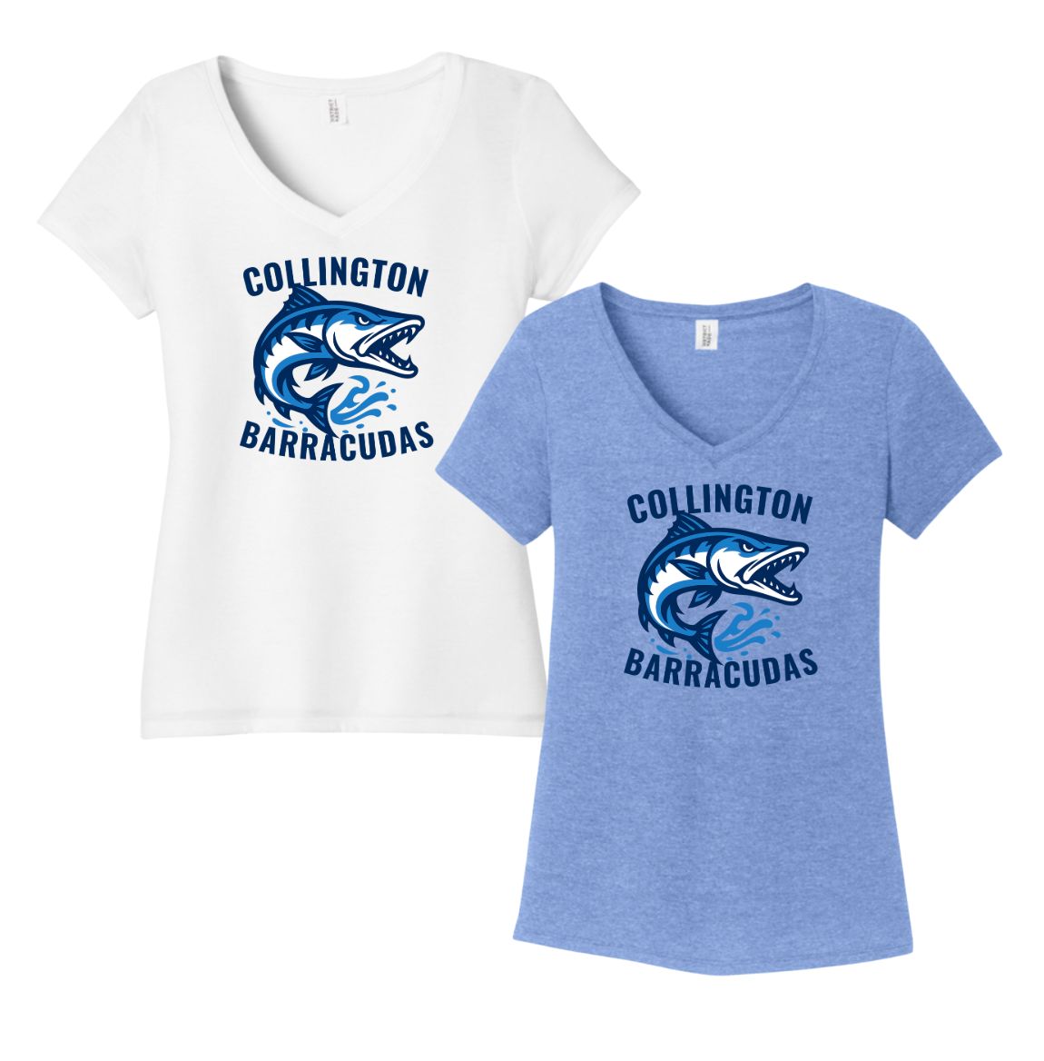 Collington Barracudas Ladies V-Neck Tee - TEAM Logo - White or Maritime Blue - Adult
