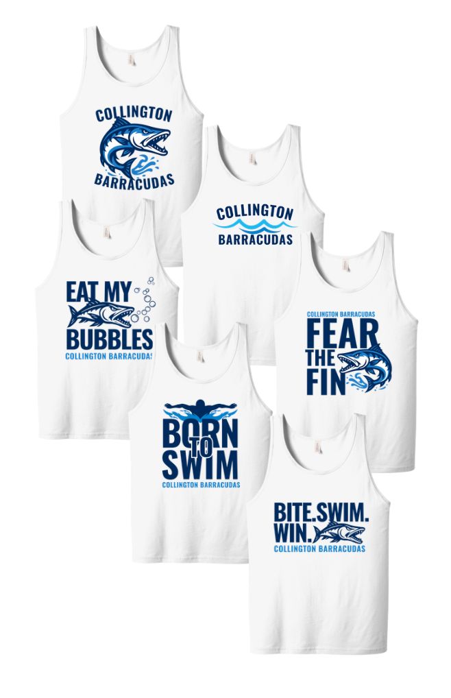 Collington Barracudas Unisex Jersey Tank Top - White - 6 Design Options - Youth & Adult Sizes Collington Barracudas Unisex Jersey Tank Top - White - 6 Design Options - Youth & Adult Sizes