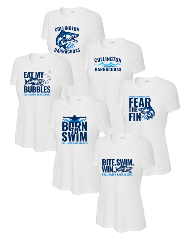 Collington Barracudas LADIES Moisture Wick Tee - White - 6 Design Options - Adult Collington Barracudas LADIES Moisture Wick Tee - White - 6 Design Options - Adult