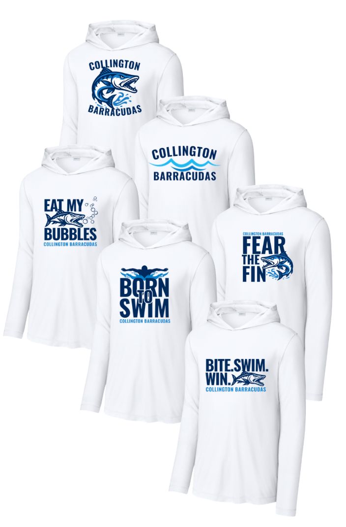 Collington Barracudas  UV Pro Long Sleeve Hoodie Tee - White - 6 Design Options - Adult