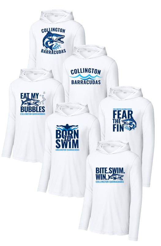 Collington Barracudas UV Pro Long Sleeve Hoodie Tee - White - 6 Design Options - Adult Collington Barracudas UV Pro Long Sleeve Hoodie Tee - White - 6 Design Options - Adult