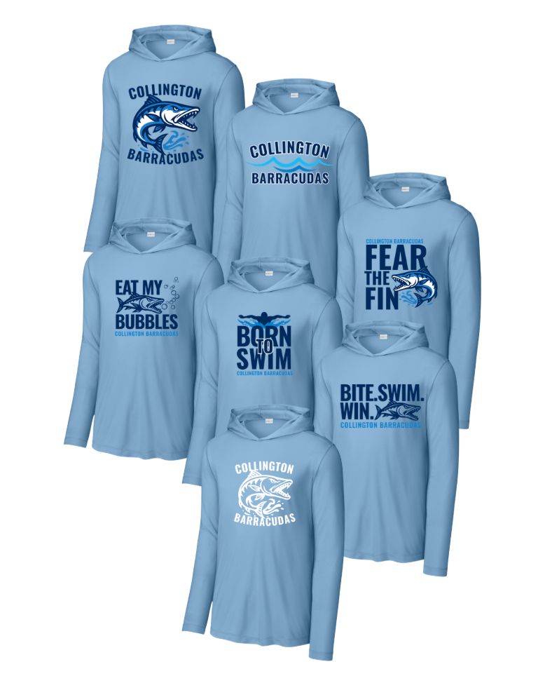 Collington Barracudas UV Pro Long Sleeve Hoodie Tee - Light Blue - 7 Design Options - Adult Collington Barracudas UV Pro Long Sleeve Hoodie Tee - Light Blue - 7 Design Options - Adult