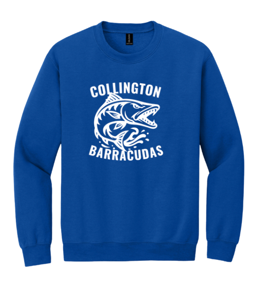 Collington Barracudas Crew Sweatshirt -  Navy or Royal - TEAM Logo in WHITE - Youth & Adult Sizes