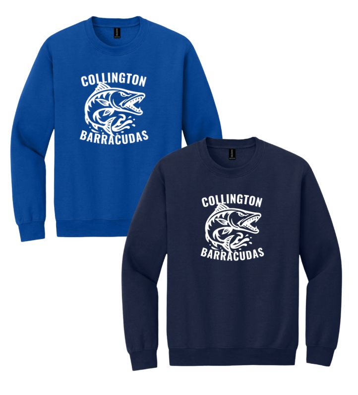 Collington Barracudas Crew Sweatshirt - Navy or Royal - TEAM Logo in WHITE - Youth & Adult Sizes Collington Barracudas Crew Sweatshirt - Navy or Royal - TEAM Logo in WHITE - Youth & Adult Sizes