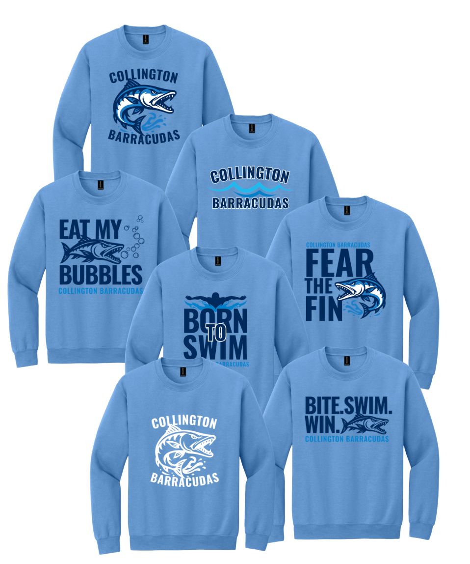Collington Barracudas Crew Sweatshirt - Carolina Blue - 7 Design Options - Adult Sizes Collington Barracudas Crew Sweatshirt - Carolina Blue - 7 Design Options - Adult Sizes