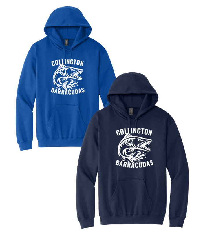 Collington Barracudas Hoodie Sweatshirt - Navy or Royal - TEAM Logo in WHITE - Youth & Adult Sizes Collington Barracudas Hoodie Sweatshirt - Navy or Royal - TEAM Logo in WHITE - Youth & Adult Sizes