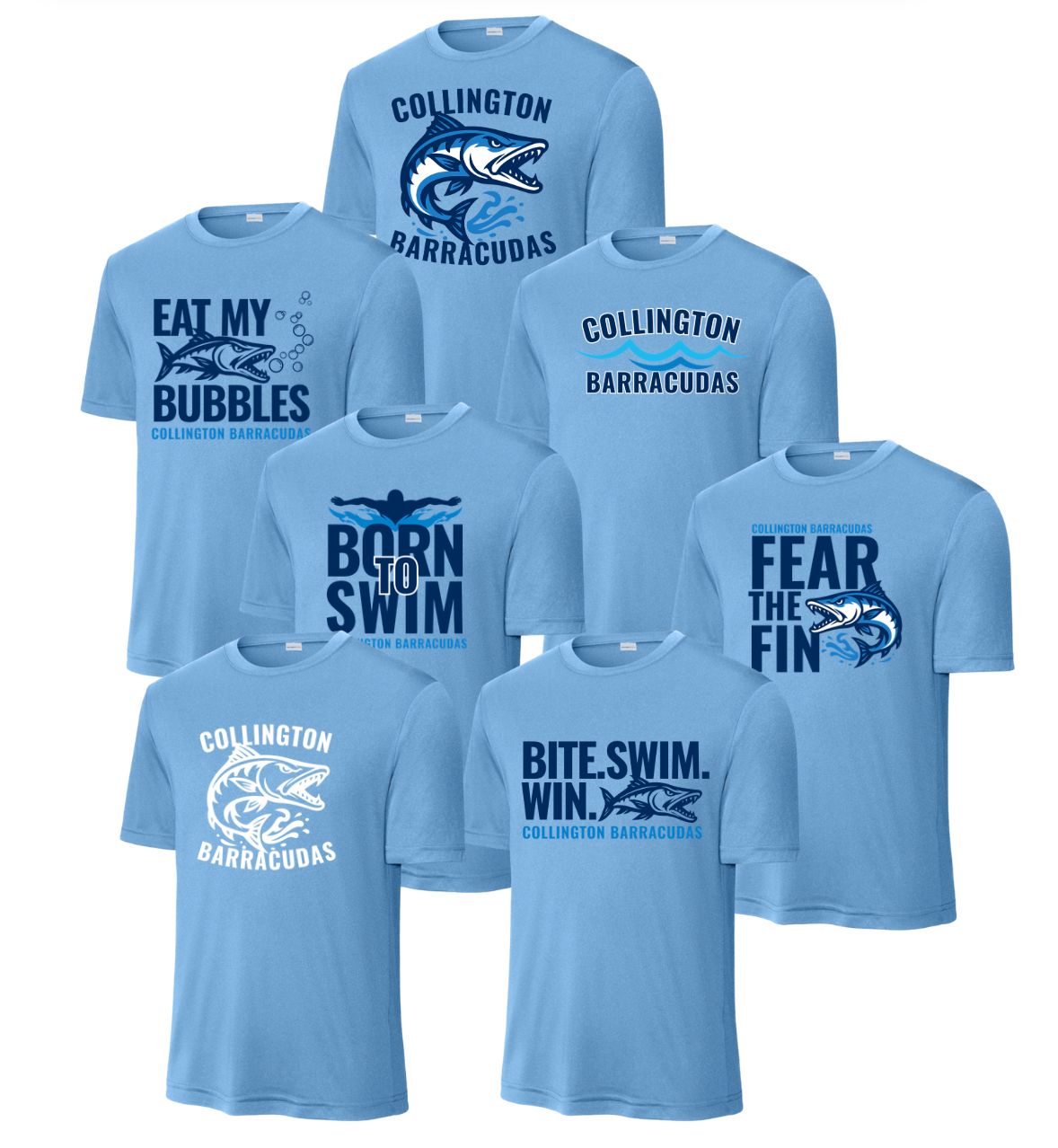 ​Collington Barracudas YOUTH Moisture Wick Tee -Carolina Blue - 7 Design Options - YOUTH