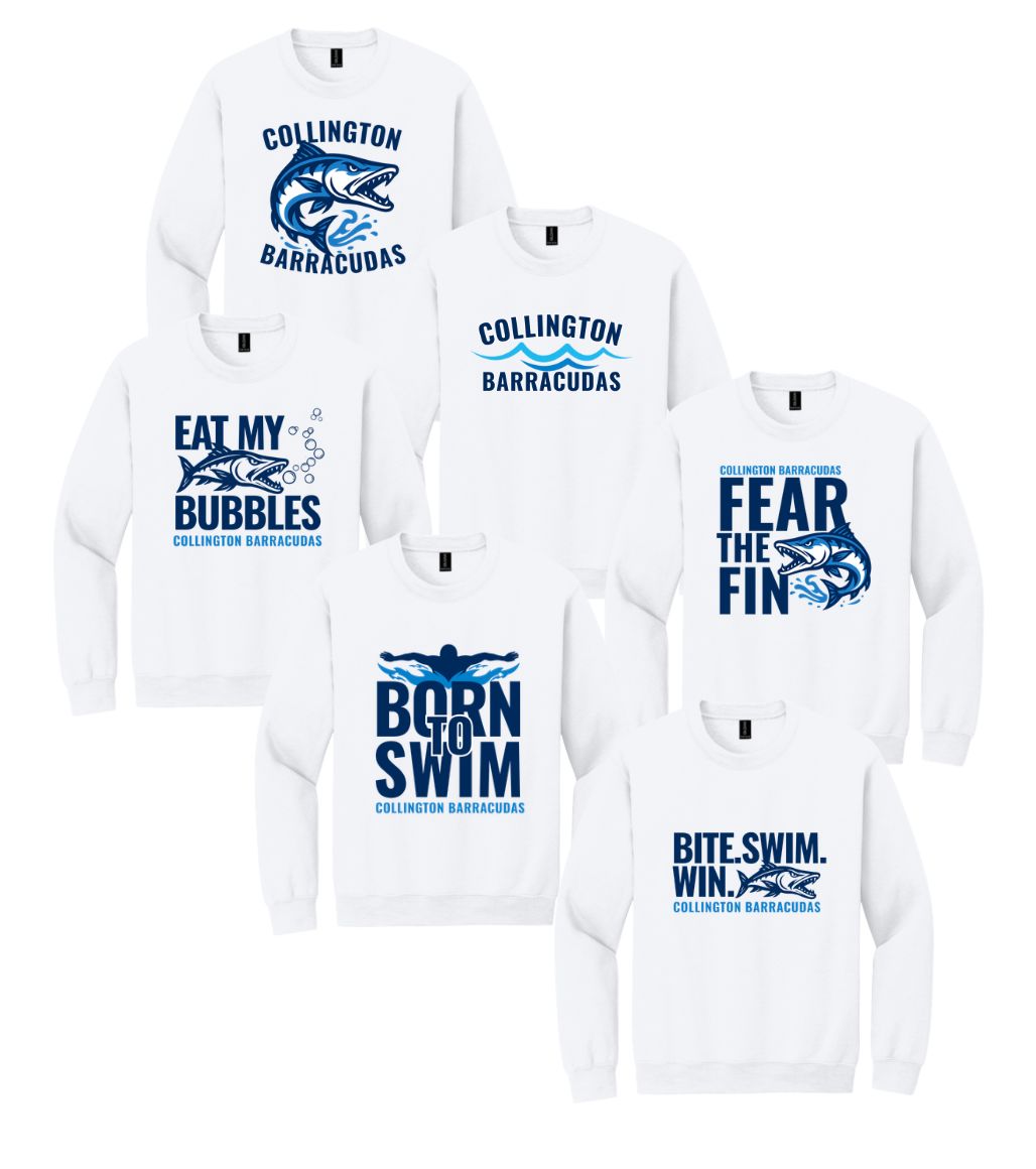 Collington Barracudas Crew Sweatshirt -  White - 6 Design Options - Youth & Adult Sizes
