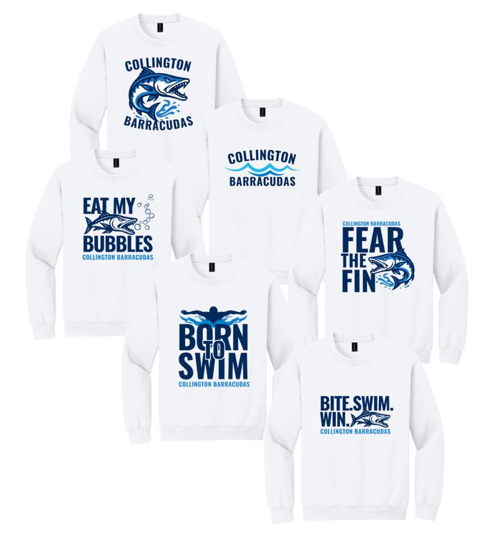 Collington Barracudas Crew Sweatshirt - White - 6 Design Options - Youth & Adult Sizes Collington Barracudas Crew Sweatshirt - White - 6 Design Options - Youth & Adult Sizes
