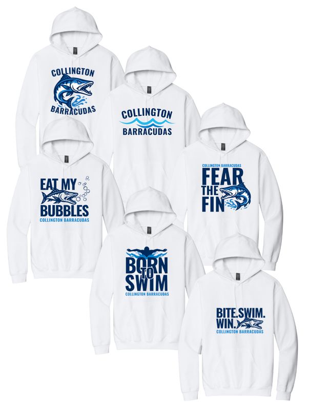 Collington Barracudas Hoodie Sweatshirt - White - 6 Design Options - Youth & Adult Sizes Collington Barracudas Hoodie Sweatshirt - White - 6 Design Options - Youth & Adult Sizes